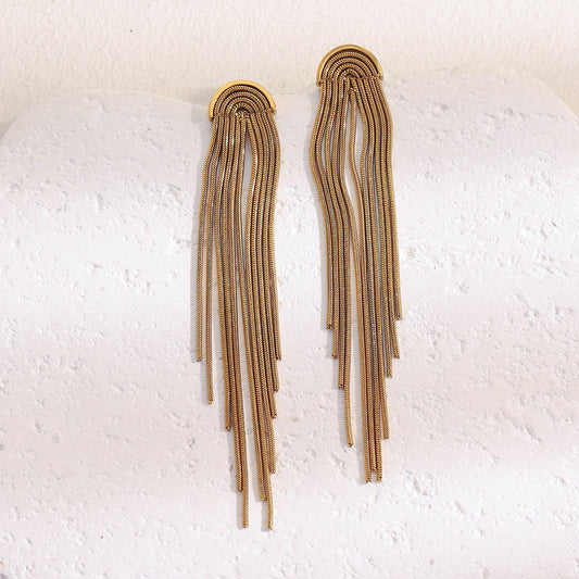 18K gold-plated stainless steel long tassel chain statement earrings