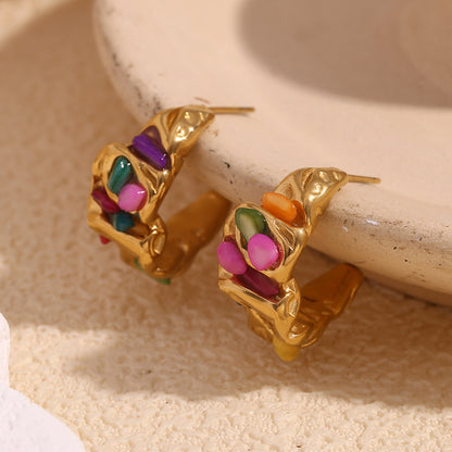 Moon-shaped gold earrings with ruffled texture and colorful stones – 18K gold-plated, waterproof by STUD (Shop Till You Drop)