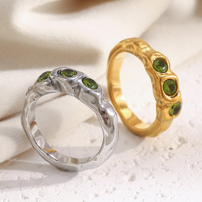 18K gold-plated chunky sculptural ring with three olive-green round cubic zirconia stones in raised square bezel settings, modern statement ring for women