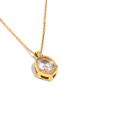 STUD 18K gold-plated stainless steel necklace with twisted edge oval clear zircon pendant
