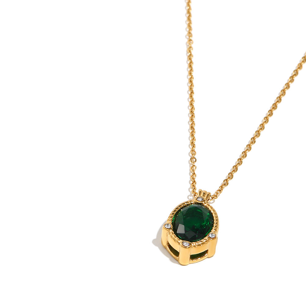 STUD 18K gold-plated stainless steel necklace with twisted edge oval green zircon pendant