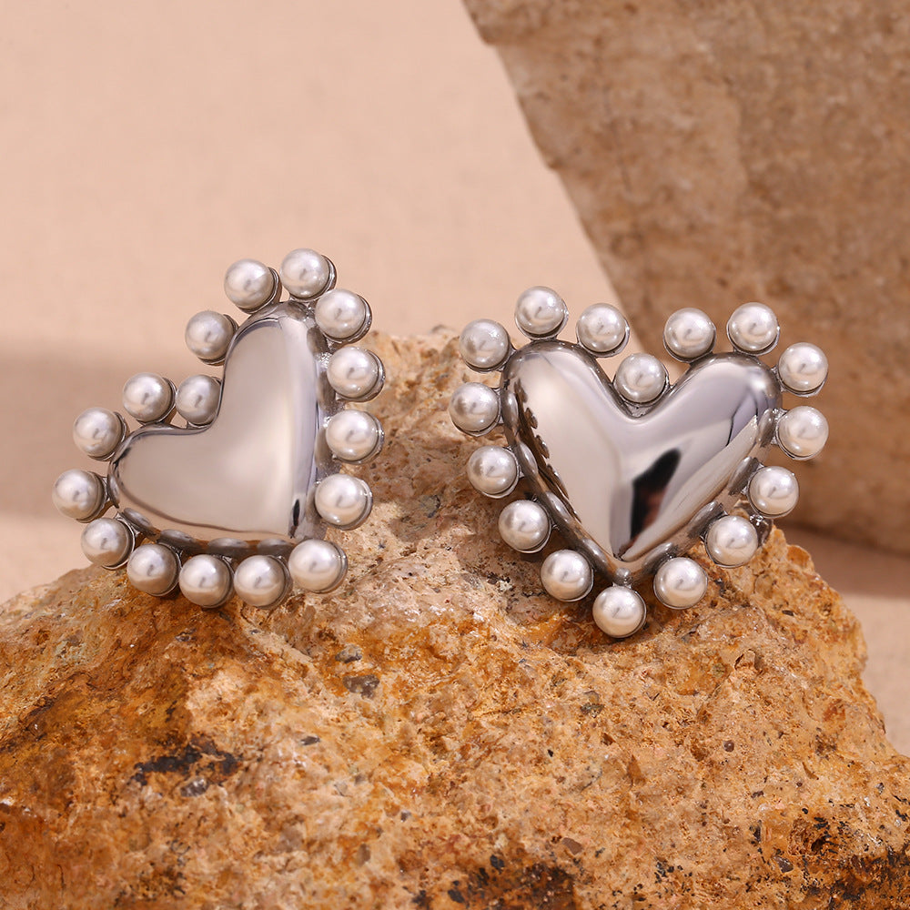 Pearl Heart Silver Hoop Earrings