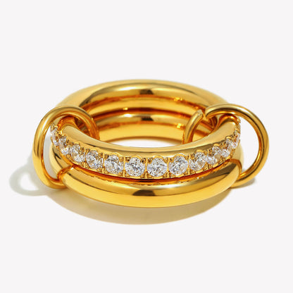 18K gold-plated stainless steel double layer ring with embedded zircon stones for women