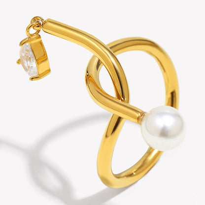 18K gold-plated stainless steel open ring with knot design, zircon charm and pearl drop