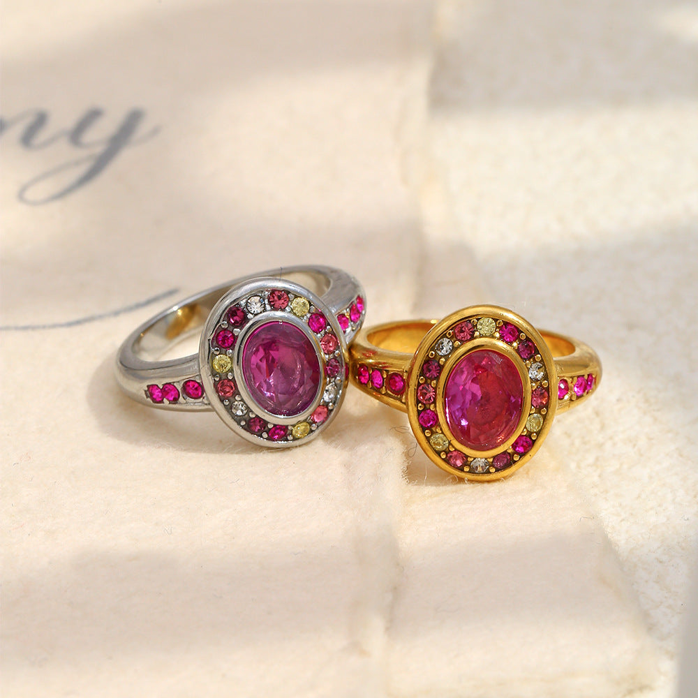 Silver stainless steel oval pink zircon ring with colorful crystal halo design