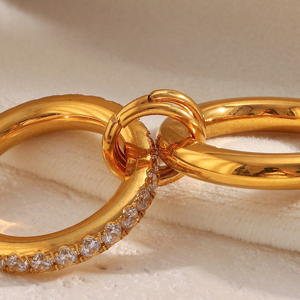 18K gold-plated stainless steel double layer ring with embedded zircon stones for women