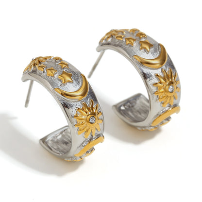 Top View of Celestial two-tone earrings – star, moon & sun design, 18K gold-plated, waterproof by STUD (Shop Till You Drop)