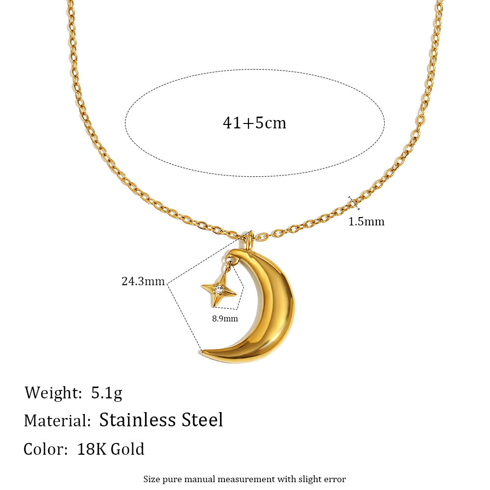 18K gold-plated crescent moon and star pendant necklace on stainless steel chain