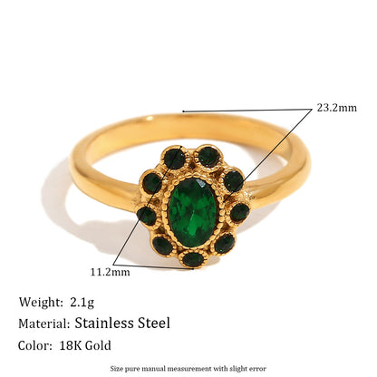 Size details of Emerald zircon ruffled ring – 18K gold-plated stainless steel with vintage-inspired full zircon design – statement jewelry by STUD (Shop Till You Drop)