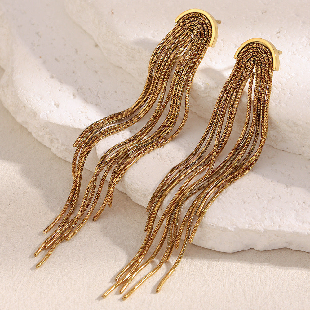 18K gold-plated stainless steel long tassel chain statement earrings