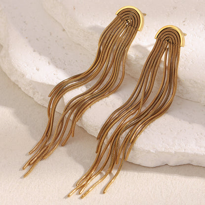 18K gold-plated stainless steel long tassel chain statement earrings