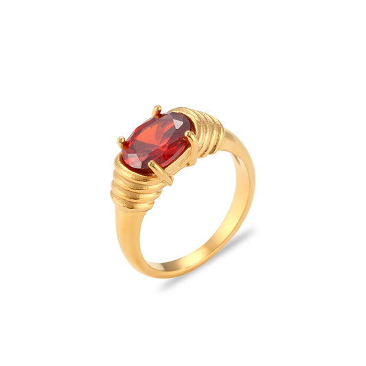 18K gold plated ring with maroon red oval zircon and ribbed band – STUD