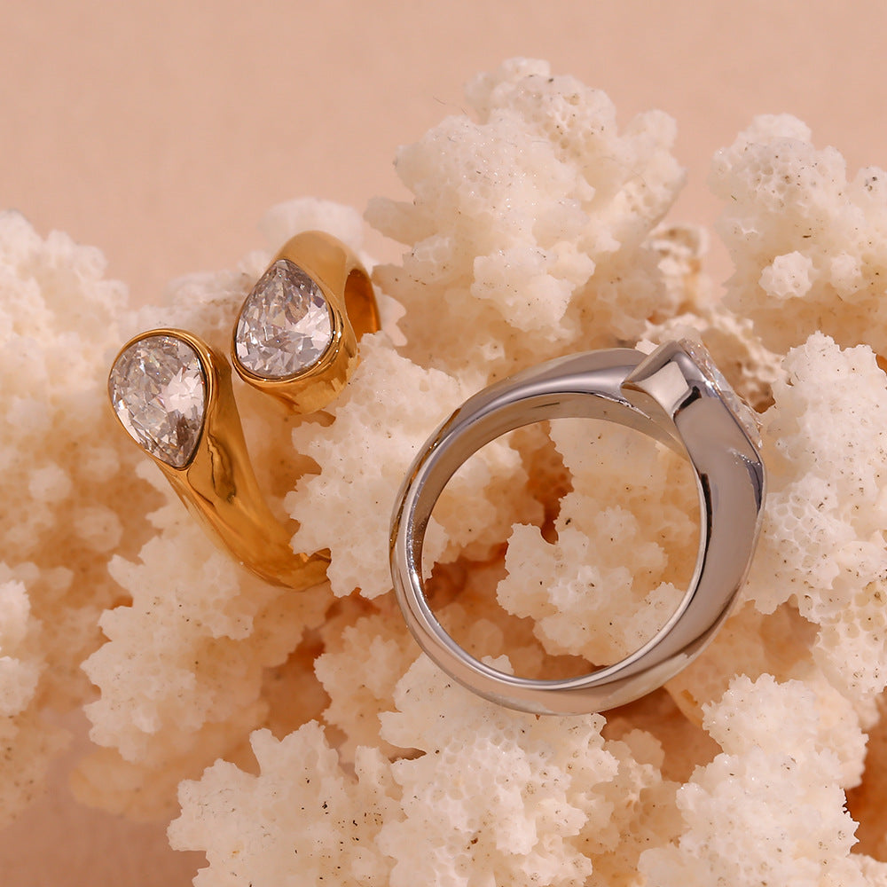 18K gold plated twin teardrop zircon open ring by STUD