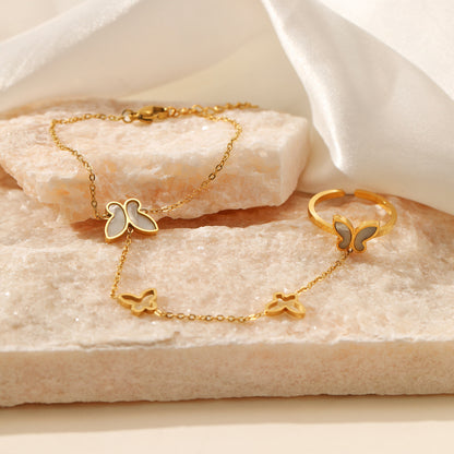 18K gold plated butterfly hand chain with white shell inlay – elegant and waterproof – STUD