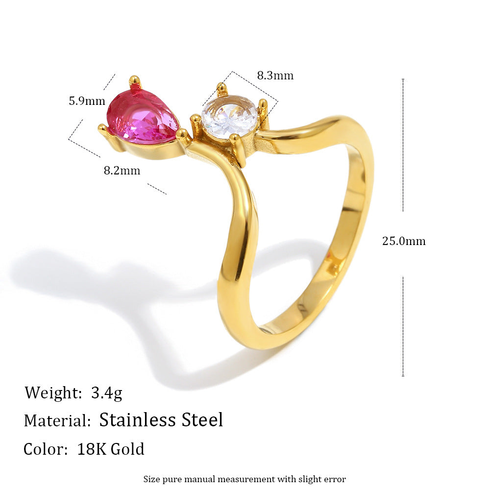 STUD 18K gold-plated stainless steel ring with crown-set pink and clear teardrop zircon stones