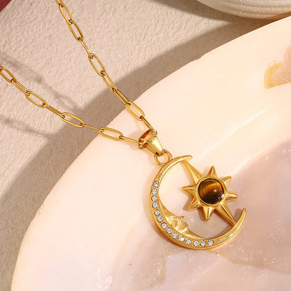 18K gold plated celestial necklace with moon, star, zircon and tiger eye gemstone – STUD