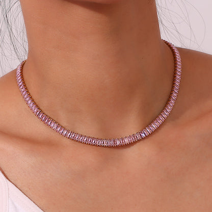 Model wearing pink necklace