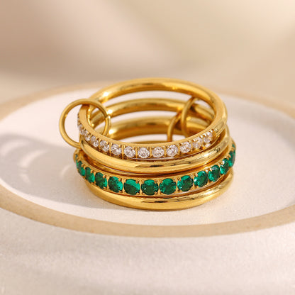 18K gold plated stacked ring set with emerald and white zircon accents – STUD