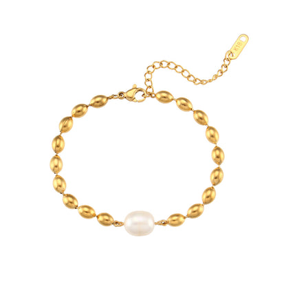 Minimalist Oval Bead & Pearl Bracelet | 18K Gold-Plated Stainless Steel