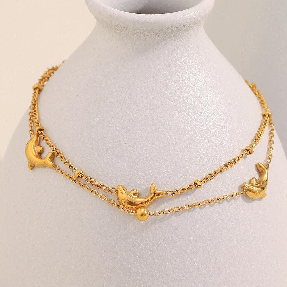 18K Gold Dolphin Double Chain Bracelet – Stainless Steel, Ocean-Inspired Jewelry