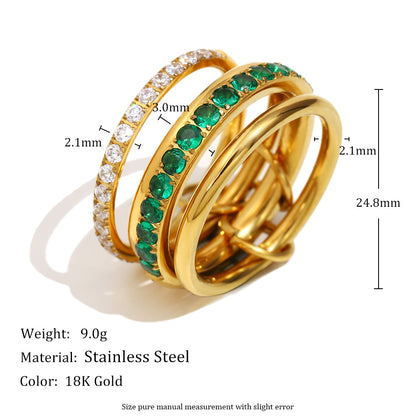 18K gold plated stacked ring set with emerald and white zircon accents – STUD