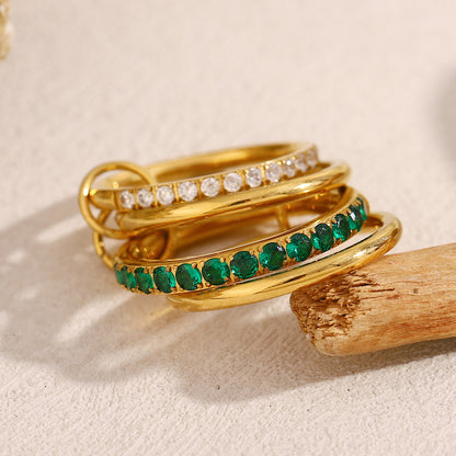 18K gold plated stacked ring set with emerald and white zircon accents – STUD