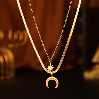 Close View of Double-layer celestial necklace with moon & star pendants – 14K gold plated by STUD-Shop Till You Drop