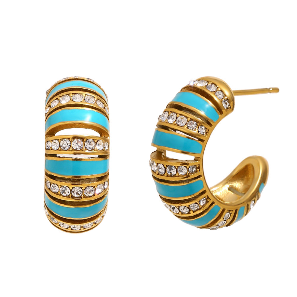 18K gold-plated stainless steel turquoise enamel C-shaped hoop earrings with zircon stones