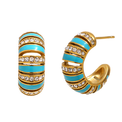 18K gold-plated stainless steel turquoise enamel C-shaped hoop earrings with zircon stones