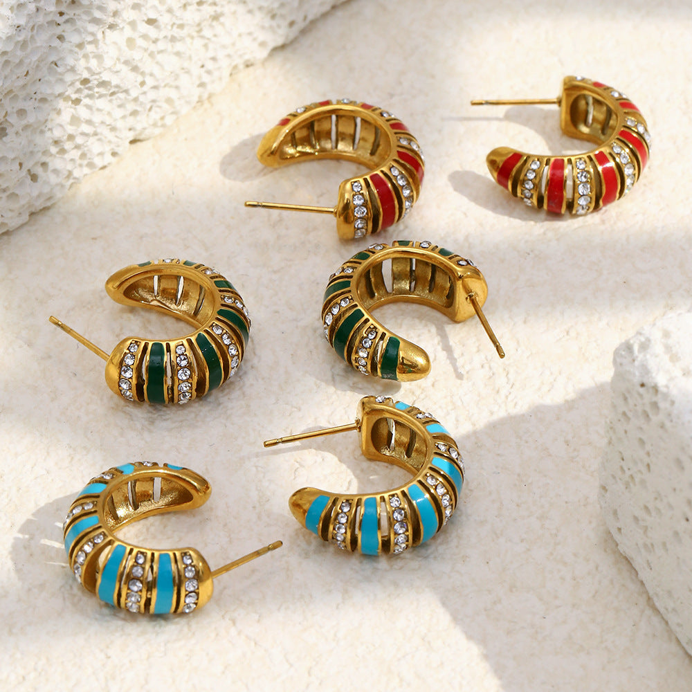 18K gold-plated stainless steel turquoise enamel C-shaped hoop earrings with zircon stones