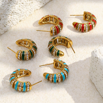 18K gold-plated stainless steel turquoise enamel C-shaped hoop earrings with zircon stones