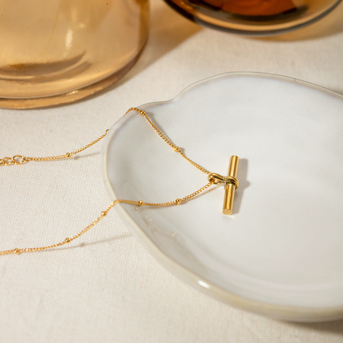 18K gold plated double-layer anklet with polished blade bar and beaded snake chain – STUD