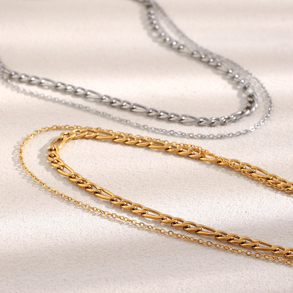 Silver stainless steel double layer chain necklace with chunky and delicate links.
