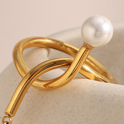 18K gold-plated stainless steel open ring with knot design, zircon charm and pearl drop