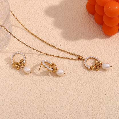 18K gold plated pearl bow drop earrings with vintage textured bow – STUD