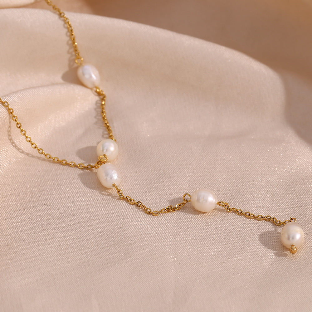 Minimalist Pearl Y-Chain Necklace | 18K Gold-Plated Stainless Steel