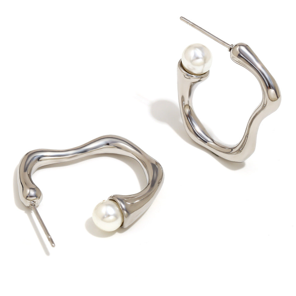 Minimalist Pearl C-Shaped Silver Hoop Earrings