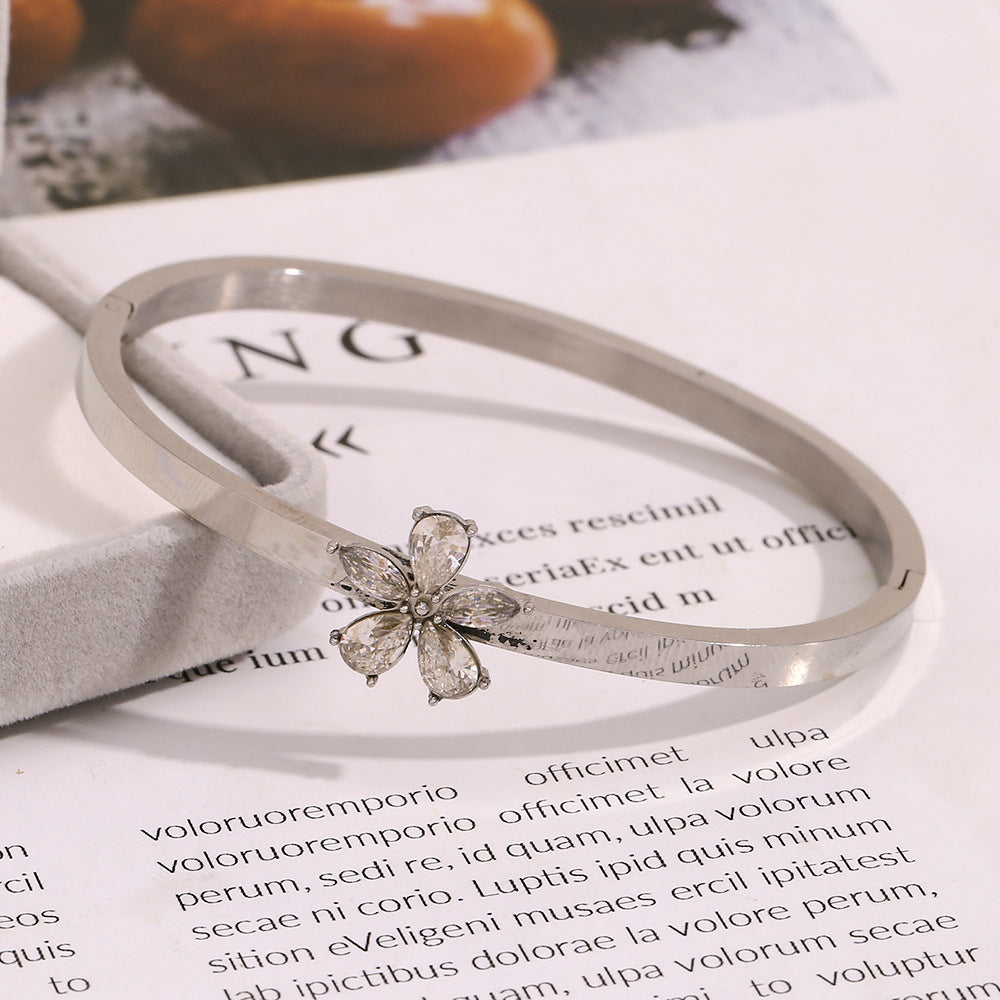 Elegant Silver Flower Bangle with White Zircon for Women