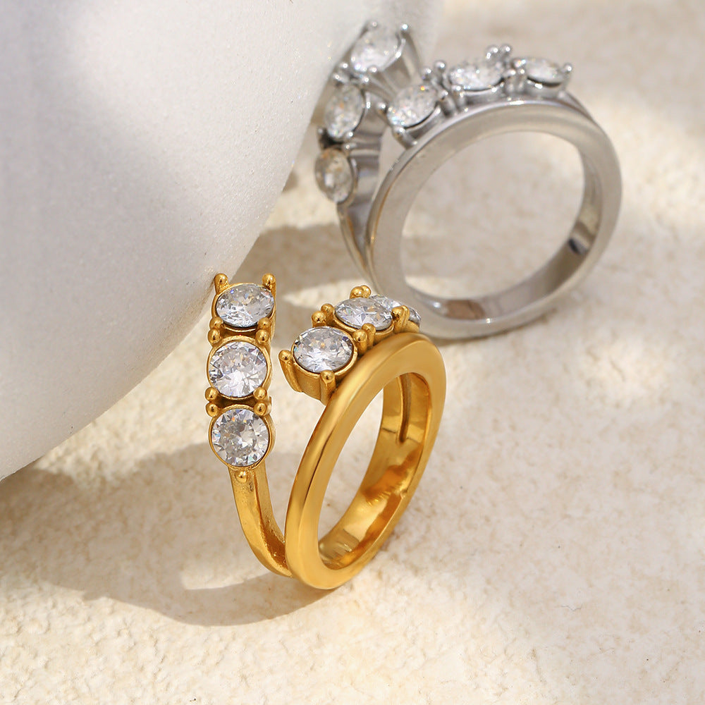 Silver stainless steel double-layer zircon open ring with round stones for women