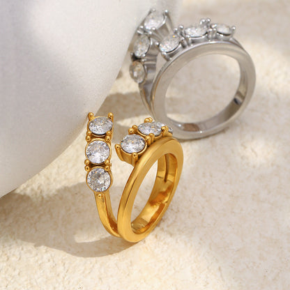 Silver stainless steel double-layer zircon open ring with round stones for women