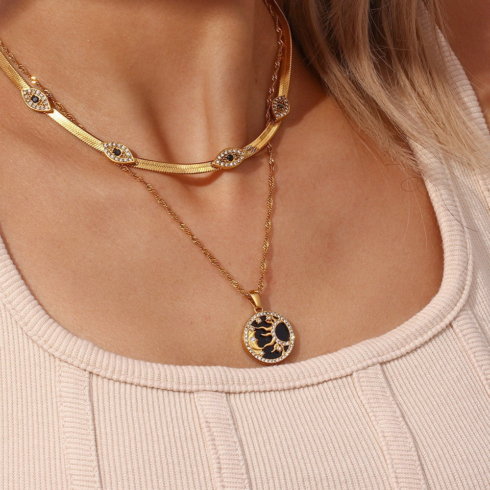 Retro-Chic 18K Gold Plated Sun, Star & Heart Black Necklace