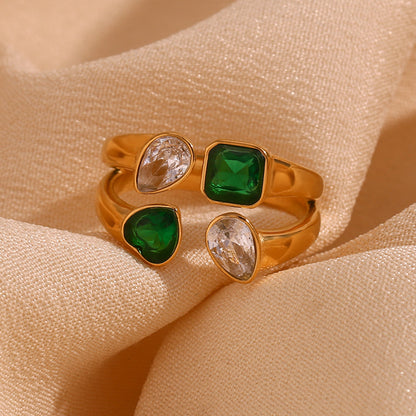 Heart-shaped double-layer zircon ring – 18K gold-plated stainless steel open band with waterdrop gemstone – by STUD (Shop Till You Drop)