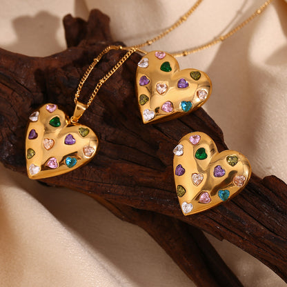 Heart earrings with colourful zircon and beaded detail