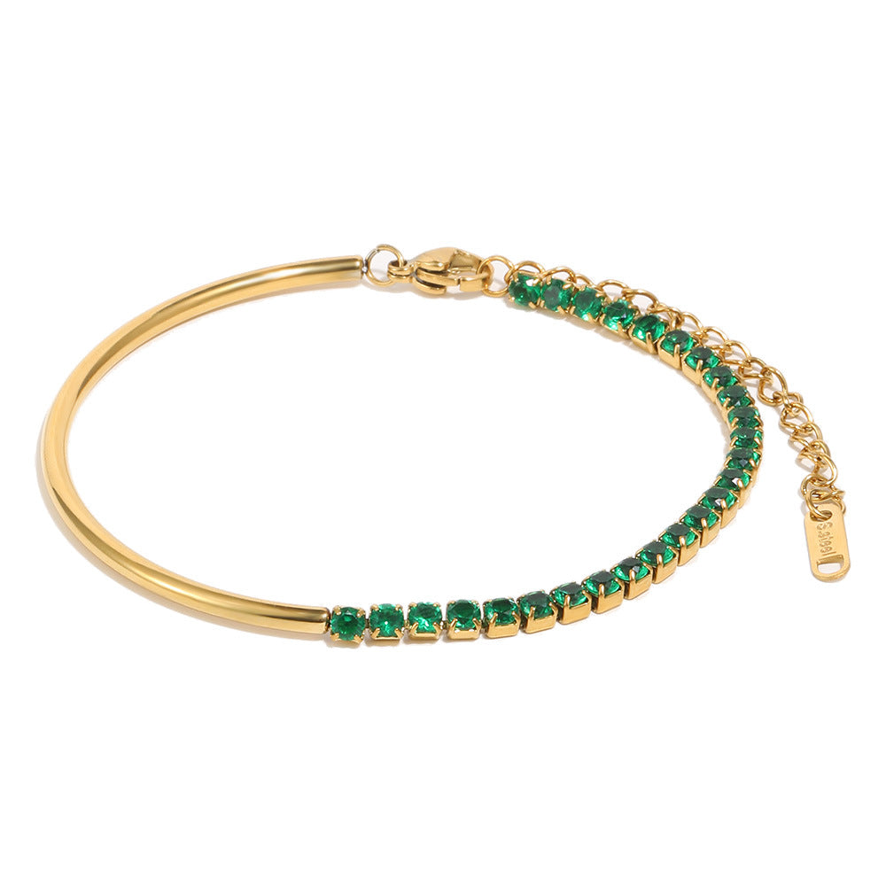 18K gold-plated half bangle half chain bracelet with rich green cubic zirconia stones, vintage-modern statement jewelry for women