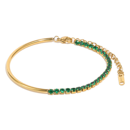 18K gold-plated half bangle half chain bracelet with rich green cubic zirconia stones, vintage-modern statement jewelry for women
