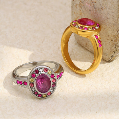 Silver stainless steel oval pink zircon ring with colorful crystal halo design