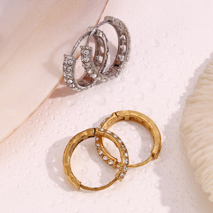 18K gold plated pavé hoop earrings with double-row crystals and heart cut-out back – STUD