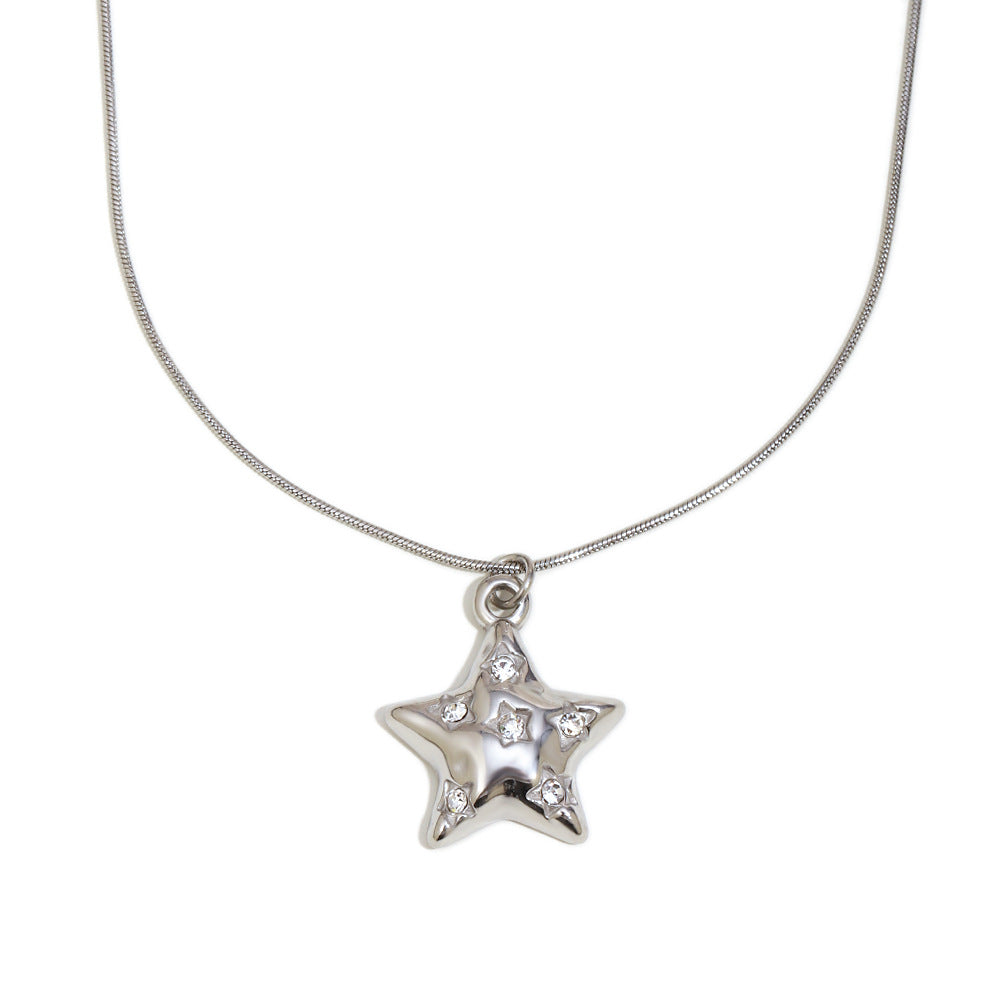 Silver stainless steel star pendant necklace with clear zircon crystals – STUD
