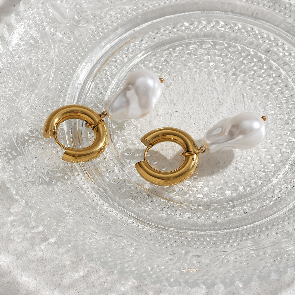 Elegant Baroque Pearl Hoop Earrings | 18K Gold-Plated Stainless Steel