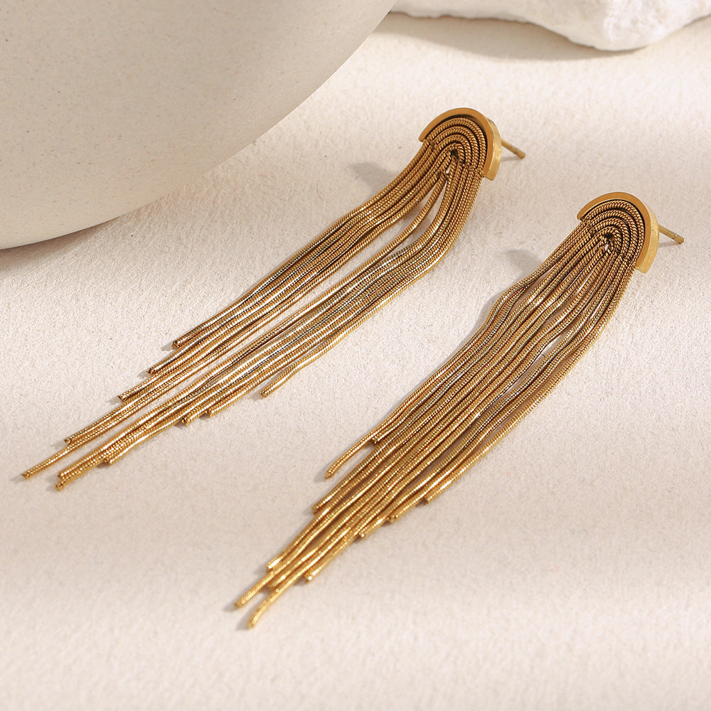 18K gold-plated stainless steel long tassel chain statement earrings